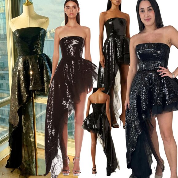 🆕 BRONX & BANCO 🧿 NWOT Tulum Noir Asymmetrical Sequin Tulle Gown - Sz S US 4 - Picture 1 of 16